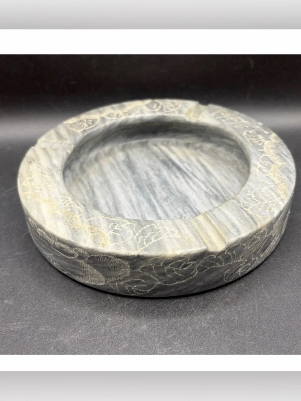 Vintage Handmade Round Etched Stone Trinket Dish Ashtray Catchall Keepsake Decor